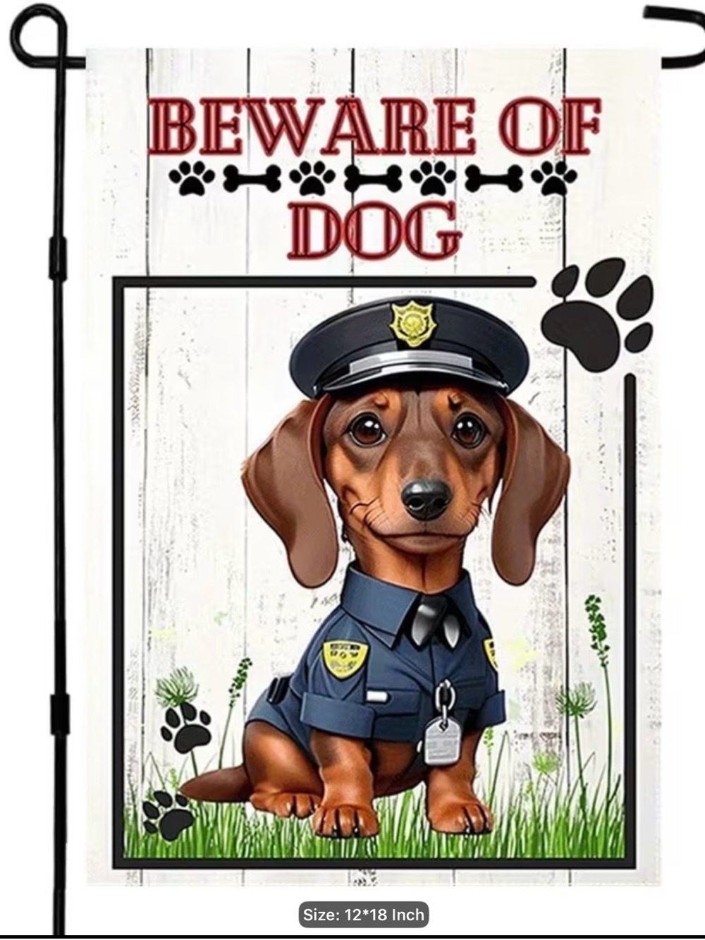 Beware of Dog Police Dachshund Garden Flag - Brown